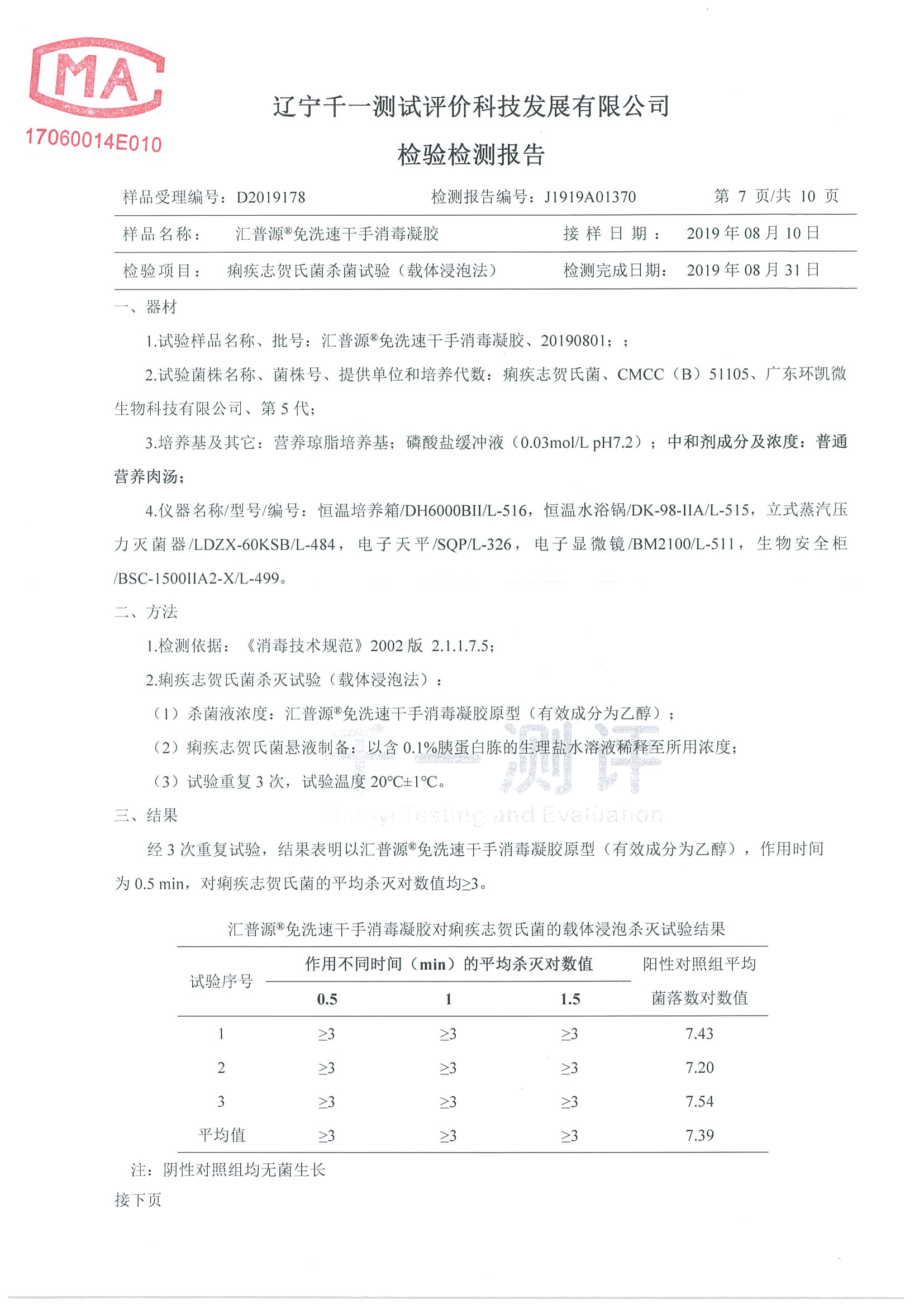 辽宁千一检验检测报告-手消毒